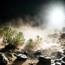 A striking quality Kodak photograph captures a wasteland with liquid and group of monstruous plants, creepy, details of the dust very accentuated, glossy organic mass, adorned with minerals and rocks. Bathed in intense light, eerie, Max Ernst style, white sun, fluids, fog, paranoic, obsessive