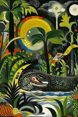 A black mysterious jungle with crocodiles painted by Wassily Kandinsky