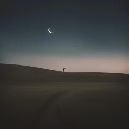 A solitary figure stands in the vastness of an open field, gazing at the distant horizon under a crescent moon. The photo focuses on the figure's face with an analog film photo style featuring a grainy texture and vintage aesthetics. A muted pastel color palette and minimalism create a mood of solitude with soft lighting from a low angle shot and rule of thirds composition. The wideangle lens captures the scene at twilight under a crescent moon. --ar 103:128 --style raw --v 5. 2