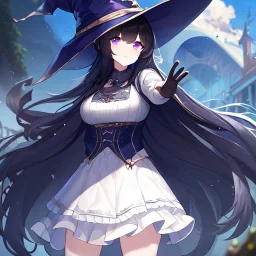 Clear focus, High resolution, Black long fluffy hair, purple eyes, wearing a witch outfit, wearing a white short skirt