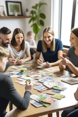 image d’une famille autour d’une table avec des cartes