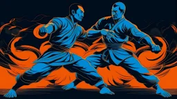 An image of two wushu fighters fighting in a black, orange, and blue color scheme.