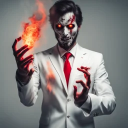 a scary man with fire in the palm of his hand wearing a white suit with a red tie who has no face