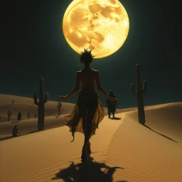 Shadows in a dark room at midnight, Enki Bilal art tykho moon woman beautiful yoga sand dunes, saguaro cacti, beats antique, androgynes DNA strand, perfectly beautiful people, full bodies walking through a desert sand dunes following bedouins, Enki BIlal illustrated STyle Double exposure, extreme details, rich dynamic colors, spirit, invocation, 3d, two sun solar system, full moon, stars, esoteric, sheer, Peridot, emerald green. citrine, ultramarine blue, diamonds, gold, sunset, high contrast, p