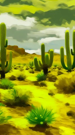 A yellow desert with cactuses painted by Claude Monet