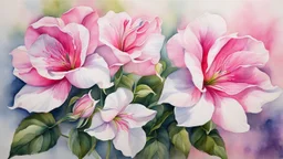 A stunning watercolor painting that captures the ethereal beauty of a bouquet of pink and white anturium. Each petal is delicately painted to showcase the smooth movement and translucent qualities of light, smoke, or other similar materials. The roses are arranged in a graceful manner, with their vibrant colors contrasting against the soft, flowing background. The overall effect is one of serene beauty and tranquility, as if the viewer has stepped into a dreamlike world.