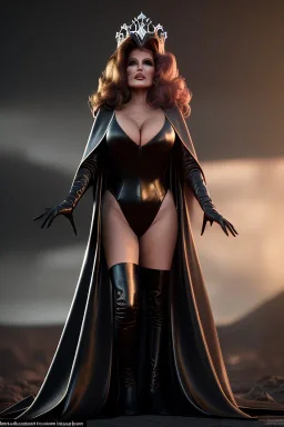 Raquel Welch as evil queen in black leather gown, angry, busty, curvey, cleavage, unreal 5, octane render, cinema4d, dynamic lighting, dramatic lighting, 4k, redshift render, highly detailed, hyper realistic