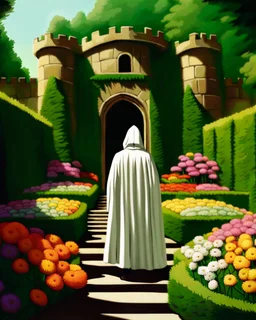 Castle hedge maze with multicolored flowers and hooded figure in white robes rpg art painterly