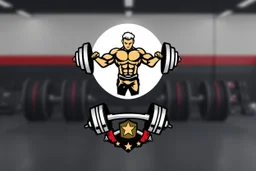 Bodybuilding design for a club with a logo of weights and club equipment below the image and using the symbols of this sport in a white, red, gold and silver color theme.