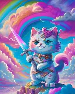 Highly detailed portrait of a cute little cat. He has a bright and cheerful color scheme, featuring a mix of pastel blues, pinks, and purples, standing with his arms folded holding a toy sword, surrounded by a swirl of energy. The background is a colorful cartoon landscape, with fluffy clouds and a rainbow. The background is a stark, metallic landscape, with a futuristic cityscape visible in the distance. by atey ghailan, by eduard hopper, by greg tocchini, by james gilleard, grunge aesthe