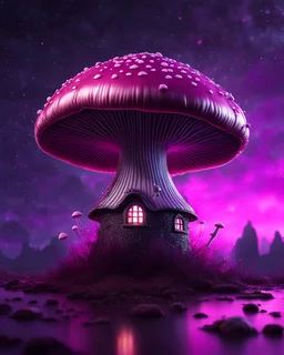 A solitary floating mushroom house on a clear night. silver and pink and purple, Dark cosmic interstellar. Detailed Matte Painting, deep color, fantastical, intricate detail, splash screen, hyperdetailed, insane depth, concept art, 8k resolution, trending on Artstation, Unreal Engine 5, color depth, backlit, splash art, dramatic, High Quality Whimsical Fun Imaginative Bubbly, perfect composition