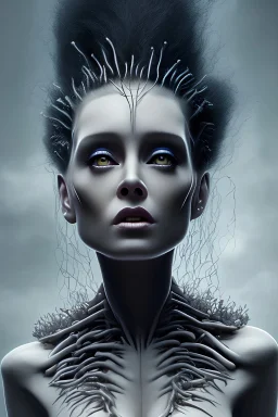 4K Ultra-HD, Hyper realistic, cinematic lighting -- the bride of Frankenstein , short, bowl-cut black hair, dead eyes, Yellow skirt, blue blouse with short poofy sleeves, extremely pail skin, wilted Rose pedals, gloomy, foggy, Castle, Full body image -- 4k, stunning, dramatic lighting, dramatic background, cinematic, atmospheric, very detailed, historic, powerful, octane rendering, exquisite detail, 30 - megapixel, 4k, 85 - mm - lens, sharp - focus, intricately detailed