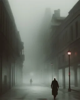 Dark street life creepy fog colours strong texture hgt nightmare 8k artistic Photography volumetric light, Yves Tanguy