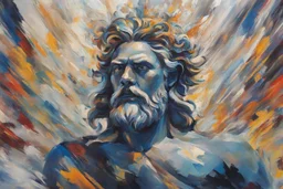 An abstract and enigmatic portrayal of Zeus, the king of the gods, using bold strokes and dynamic shapes to capture the essence of divine power, (abstract and enigmatic portrayal:1.4), (Zeus, king of the gods:1.5), (bold strokes and dynamic shapes:1.3), (expressive and divine ambiance:1.2), inspired by abstract interpretations of classical mythology and the divine, trending on CGSociety, Intricate, Sharp focus, dynamic lighting, (captivating:1.4), (godly ambiance:1.5), (abstract essence:1.3)