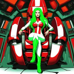 White woman with long green hair, a good, athletic body, nice legs, and a large bust, dressed in a red latex suit and white boots, sitting in an alien-like technological chair, with a destroyed spaceship in the background.