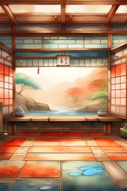chinese room, watercolor, 16:9, stream room background
