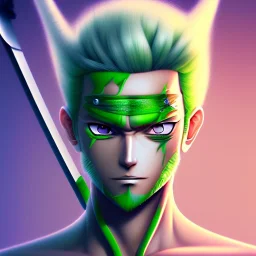 zoro, green hair, chainsawman, animestyle, denji, three chainsaw style, three sword style, majestic, soft pastel colors, soft smooth lighting, intricate detail, closed left eye, three sword, full body, sword handle in mouth, white skin,