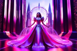 very complex CIFY structure ,pretty viberating color environment 3d metalic and crystal recursive evolving and animating beveled geometric base very complex CIFY structure emiting bubbles that broke, goddess of love in a pretty cleric dress comes out dancing gracefully , viberating color moving very in modern city escape environment while camera tracking it.write in down screen 3d animating"Made in Grok By:J.Babakan"