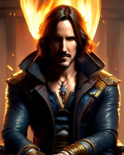 "matt mercer sitting in a comfy chair by a fireplace, beautiful eyes, full-scale head and shoulders portrait, 8k resolution concept art portrait by Greg Rutkowski, Artgerm, WLOP, Alphonse Mucha dynamic lighting hyperdetailed intricately detailed Splash art trending on Artstation triadic colors Unreal Engine 5 volumetric lighting Splash art fantasy