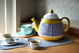 knitted teapot with china cup in a modern kitchen isn sunshine