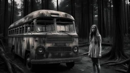 A gritty black and white photograph capturing a woman standing in front of a bus in the forest, in a post apocalyptic environment, clad in a tattered dress, exuding a sense of despair with her dilapidated appearance