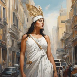 [Part of the series by Pierre Gauvreau] In a bustling city, a woman resembling Athena emerges, exuding wisdom and strength.