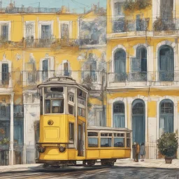 lisbon city view with famous yellow tram and azulejos tiles, indie folksy style