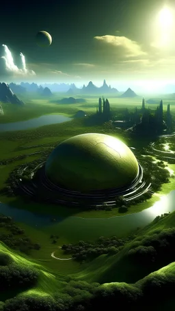 sci fi planet, large city, grassy plains, rivers
