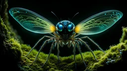 A mesmerizing, full-body illustration of a delicate, translucent, nocturnal alien insect, large eyes having illuminated slit pupils, its body adorned with bioluminescent spores and lichens in a fungal fractal pattern, in a dark, wet cave, dimly lit by the glow of phosphorescent moss and fungi, bringing to life the splendor of this amazing species in its pristine, extraterrestrial habitat, misty, raining, wet, glossy, ultra-detailed, intricated details, cinematic alien background, fungal art, ear