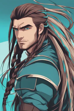 man with Long braided brown hair, red eyes, cyan highlights in hair, animated style
