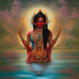 An oil painting of goddess Kali crossing a lake