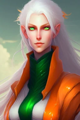 fantasy setting, woman with orange and white hair, green eyes, tall and thin, kind, soft facial traits