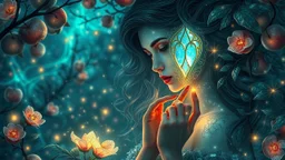 Enigmatic lady with art nouveau windows embedded in her pearly skin, in an enchanted orchard of luminescent apples, weaving with strands of aurora borealis, dreams materialized as crystalline flowers, magical fireflies, dreamlike nocturnal atmosphere, contemporary fantasy art style