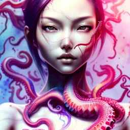  Asian woman, leaning pose, octopus, pink short hair, latex suit, style <Yoji Shinkawa>, Bones, watercolor illustration by <agnes cecile> squid, intricate detail , portrait, high lighting, Gradient background,