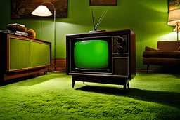 view of a Vintage 1970 television, in a smoky, dimly lit living room, green shag carpet floor, dramatic lighting and deep shadows,