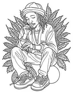 outline art for stoners coloring pages with A very simple and minimal design featuring A reggae-inspired scene with a Bob Marley-esque character playing music surrounded by smoke, white background, sketch style, fully body, only use outline, mandala style, clean line art, white background, no shadows and clear and well outlined