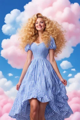 an impossibly tall woman with curly golden hair piled atop her head, wearing an intricately decorated blue and white gingham dress. She towered above you, a gentle smile playing at the corners of her bright blue eyes as she peered down at you. surrounded by fluffy cotton-candy clouds