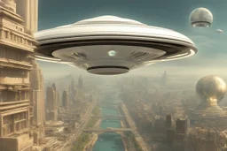 flying saucer with portals with angelina jolie inside the flying saucer flying over future alien city close up of angelina jolie as photo realistic