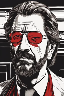 an intimidating and menacing looking Hans Gruber wearing red-tinted glasses