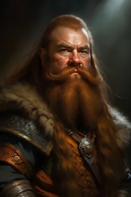 portrait of a stout and rugged dwarf with sturdy build, slightly tanned skin a thick ginger beard and long ginger hair, thick eyebrows, wearing chainmail armor and fur lined coat with a battle axe and warhammer on each shoulder. in oil painting