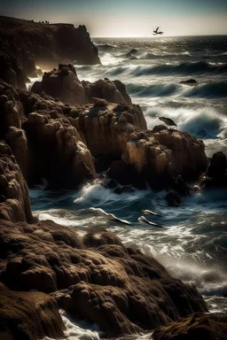 Generate an image of a serene coastal scene with a group of seabirds resting on rocky cliffs overlooking the ocean. Capture the birds in various states, some in flight, some perched, and others gliding above the waves. Highlight the rugged coastal landscape and the interplay of light and shadow.