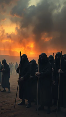 Bosch painting style nightmare , 3D ,a group of prisoners slave in black tied together in line in a dramatic misty scene of the sunset time in a stormy weather in the desert background, high Quality picture , 8k