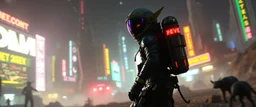 cyberpunk space city, in valley, A space elf cowboy biker astronaut with rocket backpack named Dave started doing the splits, Blew a fuse in his hips and short-circuited his bits, The Martian fluffy gremlins went wild, the Plutonians dogs screamed, Even black-and-white aliens turned ultraviolet green! in the style of fallout 4 and HR Giger, background motion blur , and volume fog spot lights
