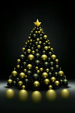 Crea un árbol de navidad adornos de bolas negras brillosas y bolas doradas y una gran estrella dorada brillante en la cima