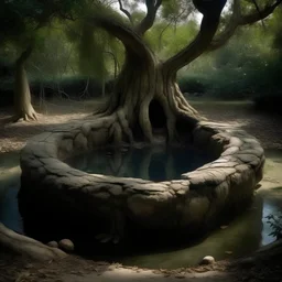 An ancient tree stands in a dry forest. The tree trunk of the tree is hollow and inside this bowl-like hollow is a pool of crystal-clear water.