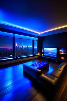 gaming room mit vielen led und ausblick auf nyc hoch modern boden besteht nur aus leds .fensterr gross