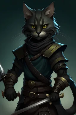 Black furry female Tabaxi cat rogue assassin wearing leather with daggers
