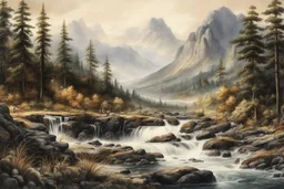 museum quality watercolor painting of the untamed American wilderness in the style of Karl Bodmer, rendered as an aquatint, with a fine art aesthetic, highly detailed , 8k UHD cinegraphic realism