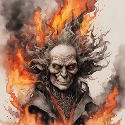 create an abstract ink wash and watercolor caricature of an aged , but beautiful, malevolent, ornately dressed , 14th century sorceress engulfed in fire ,highly detailed with refined facial features in the cartoon caricature style of Gerald Scarfe and Ralph Steadman precisely drawn, boldly inked, vividly colored, 4k