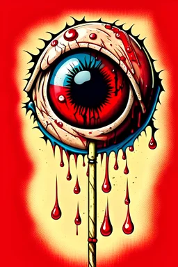 Cartoon bloody eyeball lollipop. illustration, 90s airbrush style, manga inspired, horror art, junji ito , exaggerated